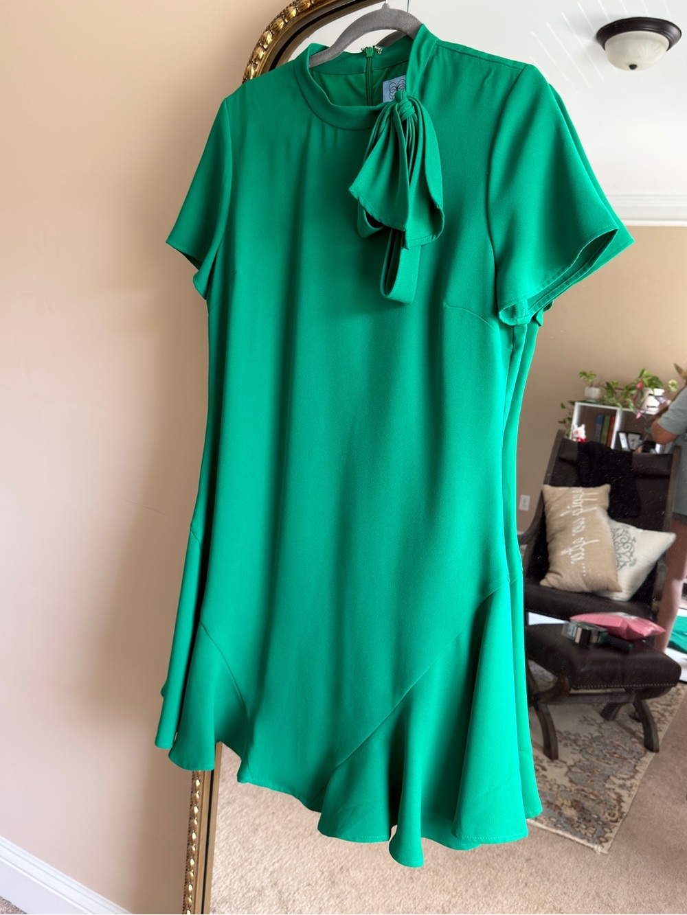CeCe Emerald Green Tie-Neck Mini Dress